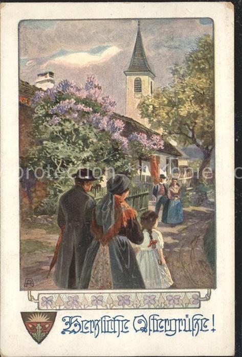 Ostern Easter Paques Künstlerkarte Wappen Bauern