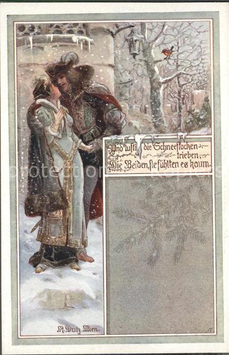 Kuenstlerkarte R. Dutz Wien Winter Paar Schneeflocken