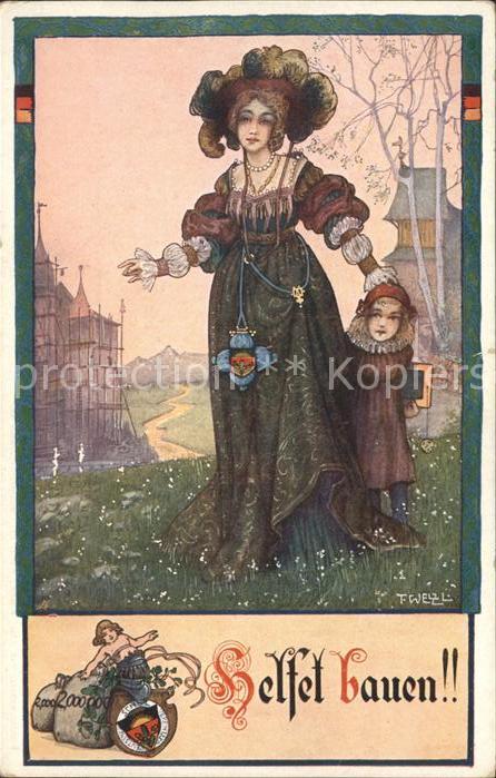 Kuenstlerkarte T. Well Helfet bauen Wappen