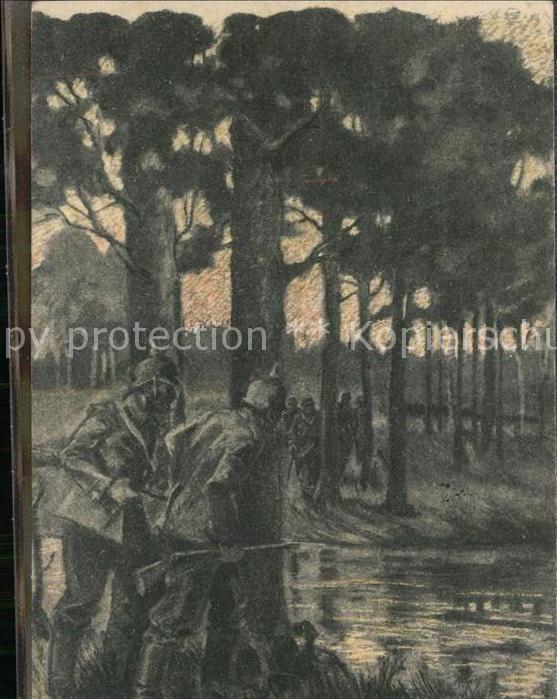 Kuenstlerkarte Petersen Soldaten Begegnung am See