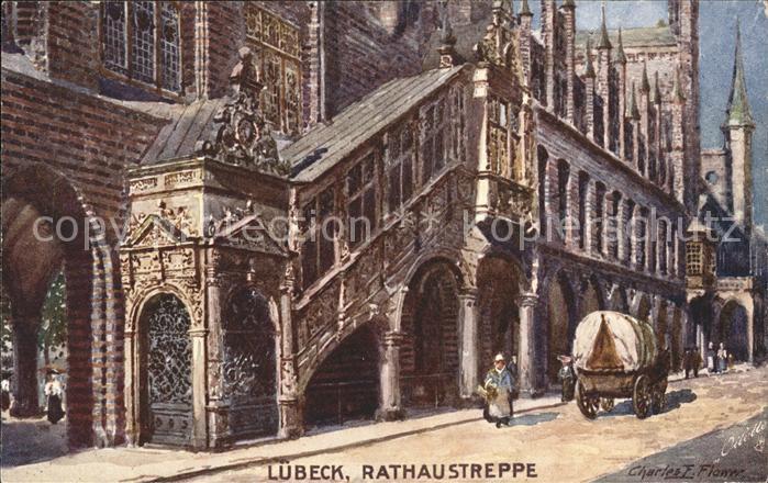 LueBECK  CITY Rathaustreppe Kuenstlerkarte Pferdewagen