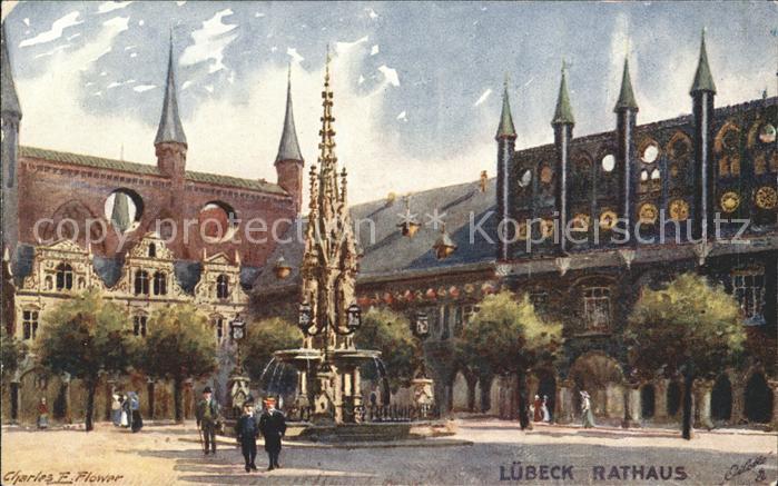 LueBECK  CITY Rathaus Brunnen Kuenstlerkarte
