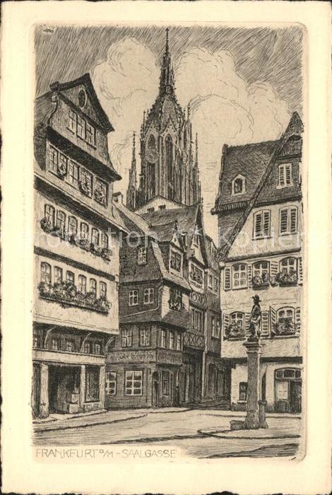Frankfurt Main Saalgasse mit Heiliggeist Brunnen und D