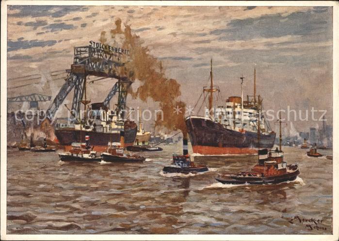 HAMBURG  CITY Hafen Ozeandampfer Schlepper Kuenstlerkarte