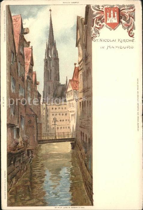 HAMBURG CITY St. Nicolai-Kirche Kuenstlerkarte Wappen