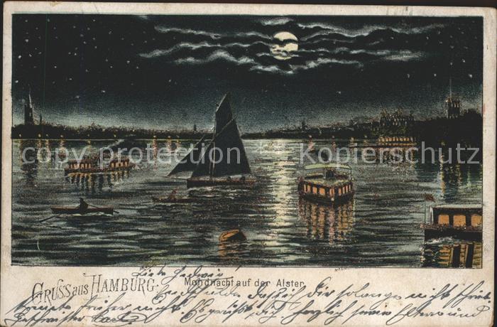 HAMBURG  CITY Mondnacht auf der Alster Schiffe Kuenstlerkarte