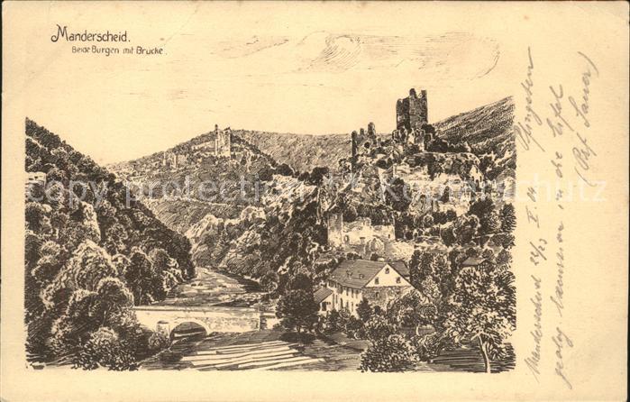 Manderscheid Eifel Burgen mit Brücke Künstlerkarte