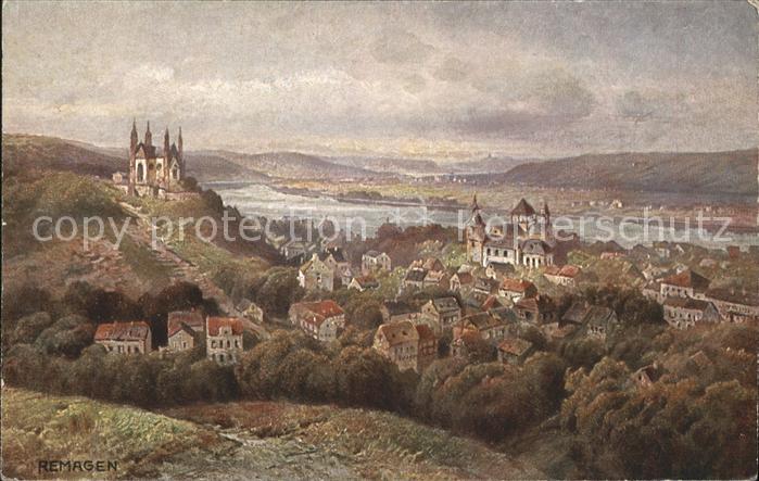 REMAGEN Rheinland-Pfalz Panorama mit Apollinariskirche Rhein Kuenstlerkarte