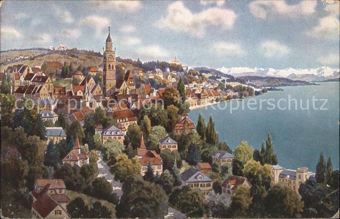 Ueberlingen Bodensee Panorama mit See und Alpen Künstlerkart