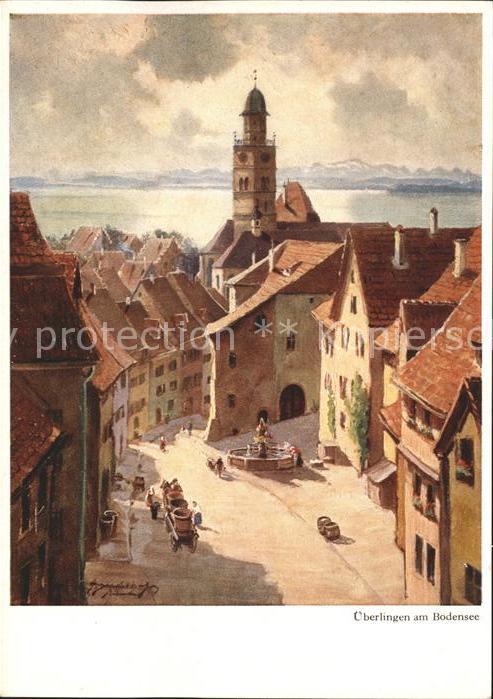 Ueberlingen Bodensee Panorama mit See und Alpen Künstlerkart