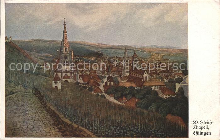 Esslingen Neckar Panorama mit Kirche Künstlerkarte
