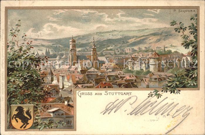 STUTTGART  CITY Blick ueber die Stadt Kirche Wappen Kuenstlerkarte Schnorr