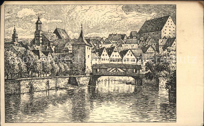 Schwaebisch Hall Partie am Sulfersteg Kuenstlerkarte Zeichnung Schmidt