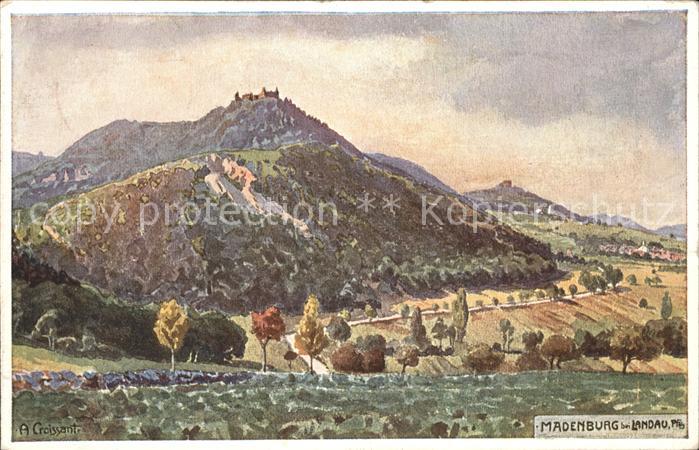 Eschbach Pfalz Blick zur Madenburg Kuenstlerkarte A. Croissant