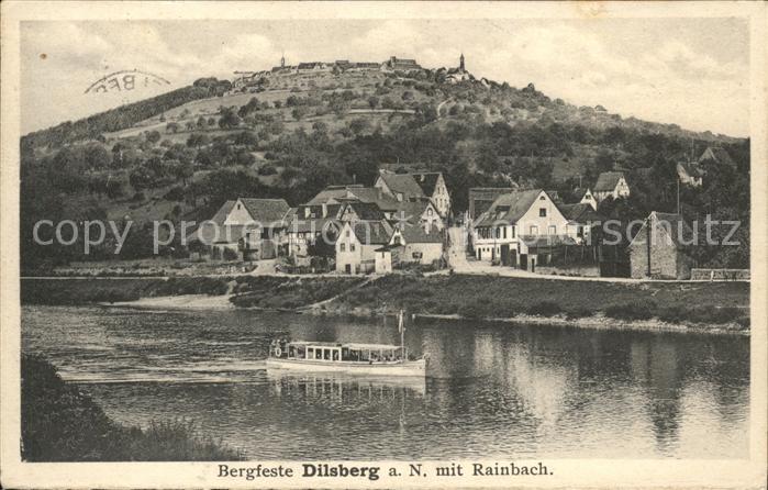 Dilsberg Bergfeste mit Rainbach Uferpartie am Neckar Boot Gasthof