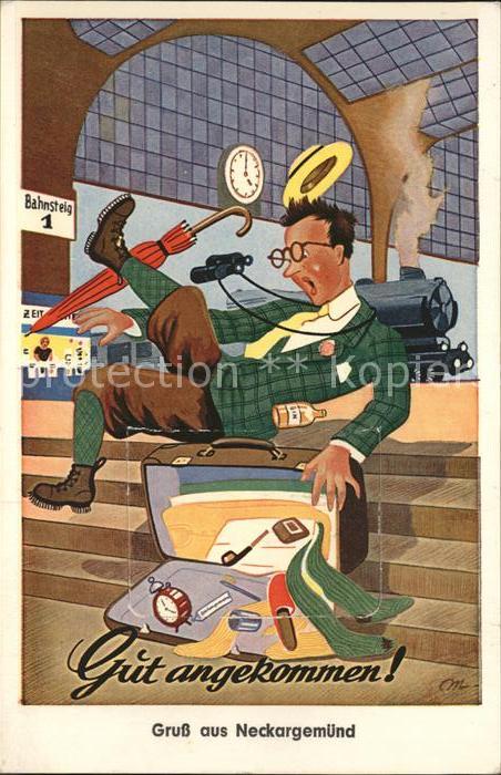 Neckargemuend Ankunft Bahnhof Koffer Zug Karikatur