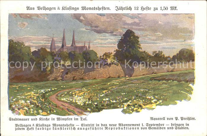 Wimpfen Stadtmauer und Kirche Künstlerkarte Pre