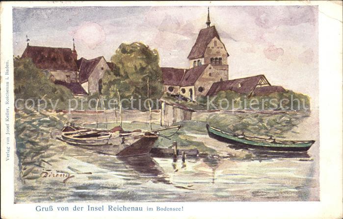 Insel Reichenau Blick vom See aus Künstlerkarte