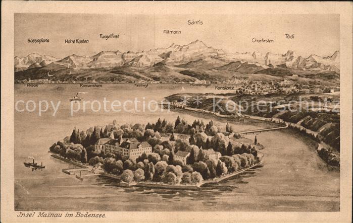 Insel Mainau mit Alpenpanorama Künstlerkarte V. Mars