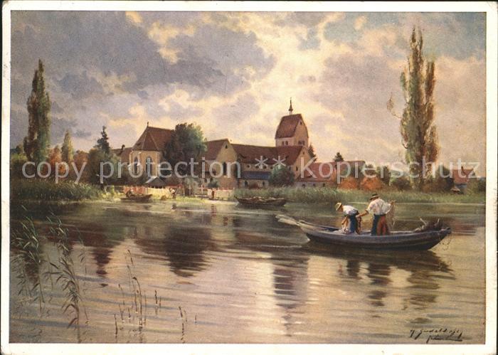 Insel Reichenau Blick auf das Münster Boot Künstlerkart