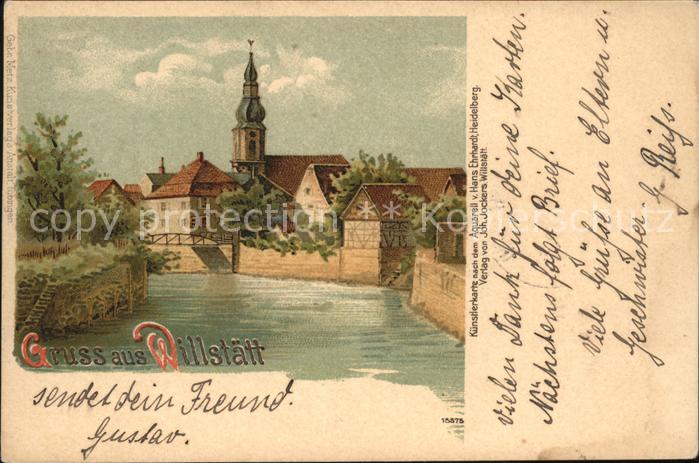 Willstaett Teilansicht mit Kirche Künstlerkarte