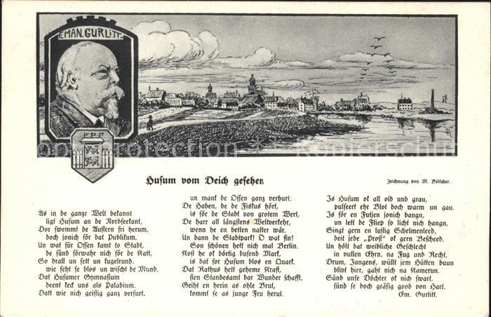 Husum Nordfriesland Zeichnung Künstlerkarte vom Deich geseh