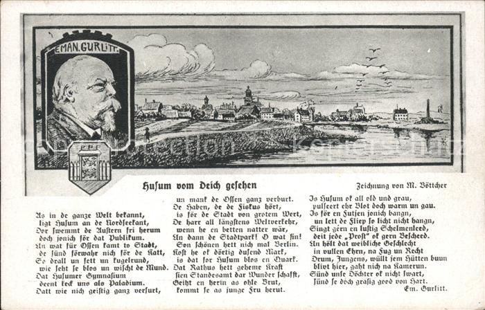 Husum Nordfriesland Künstlerkarte Stich vom Deich aus geseh
