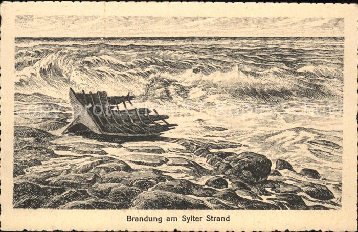 Insel Sylt Brandung zerstörtes Boot Künstlerkarte