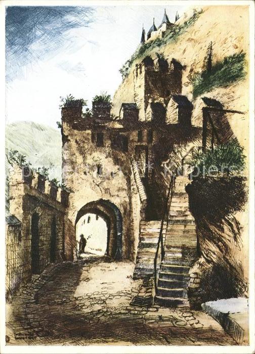 Cochem Mosel Burgfriedentor der Burg Künstlerkarte