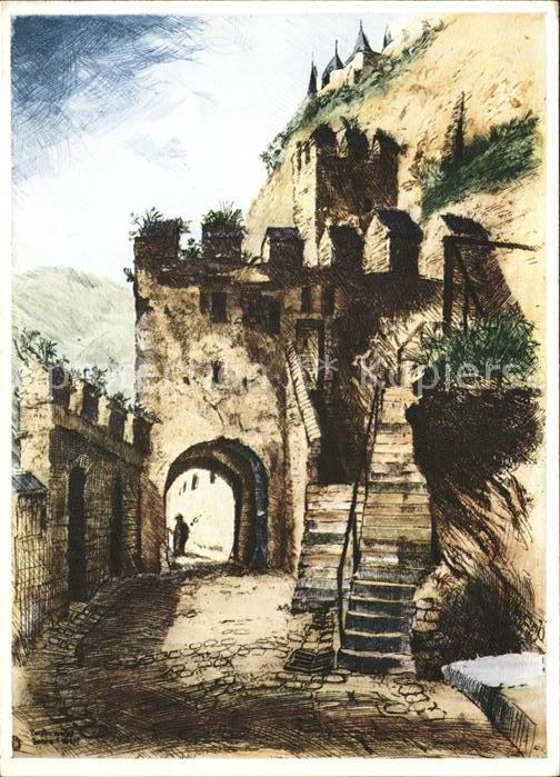 Cochem Mosel Burgfriedentor der Burg Künstlerkarte