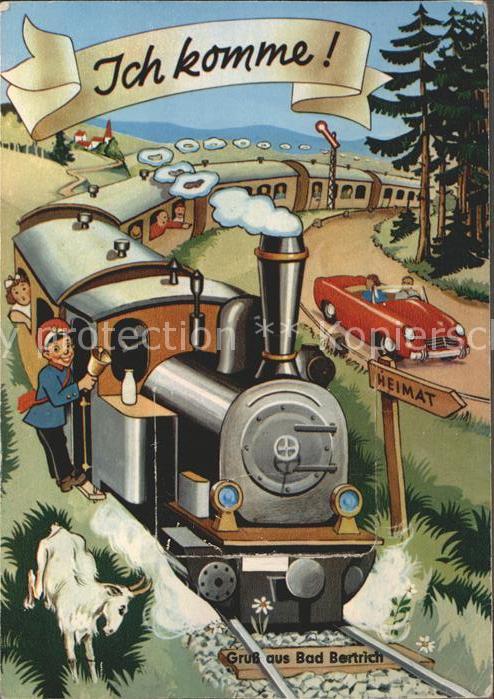 Bad Bertrich Komik Künstlerkarte Eisenbahn Autos