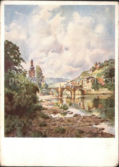 Bad Kreuznach Alte Stadtbrücke mit Kauzenburg Künstle