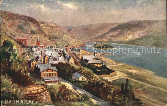 Bacharach Rhein Gesamtansicht Insel Künstlerkarte F.E.D