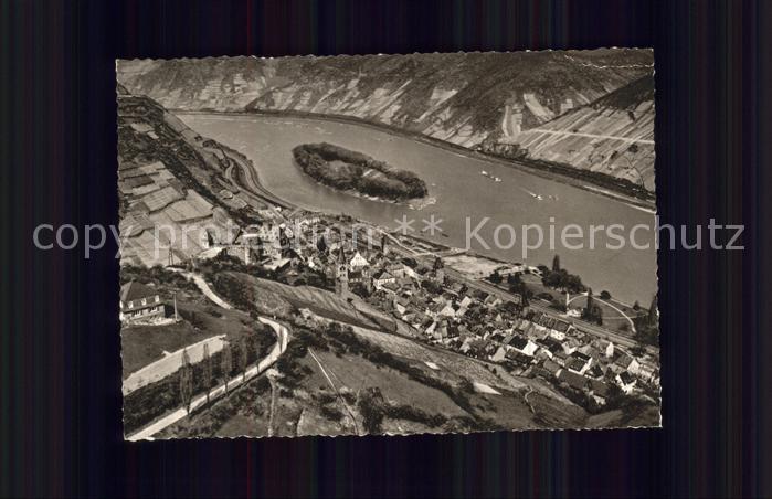Bacharach Rhein mit Burg Stahleck Insel Fliegeraufnahme