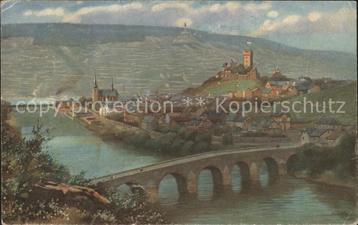 Bingen Rhein mit Burg Klopp und Drususbrücke Künstle