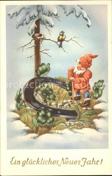 Zwerge Dwarfs Nains Neujahr Hufeisen Zeichnung