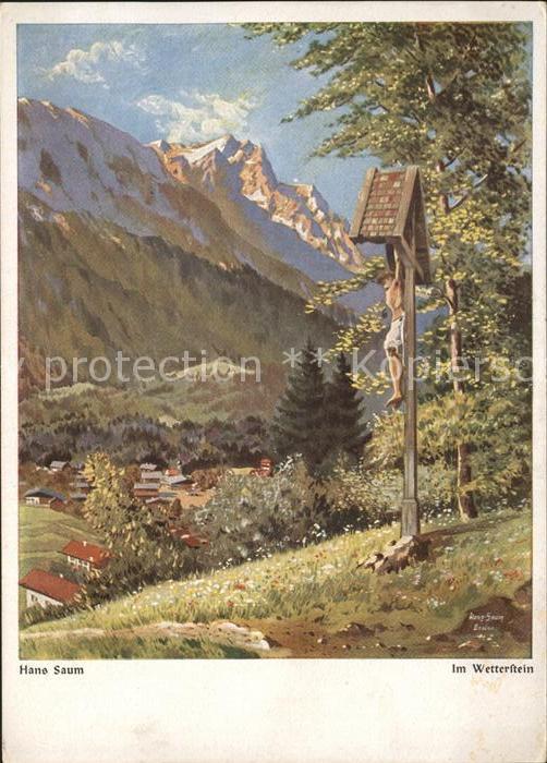 Kuenstlerkarte Untergrainau mit Zugspitze Wetterstein