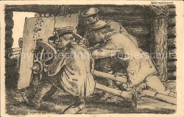 Kuenstlerkarte W. Georg Soldaten Gebirgskanone