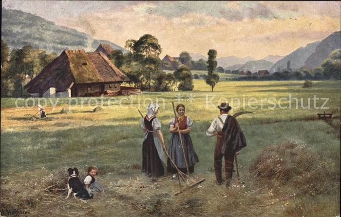 Schwarzwald Künstlerkarte Bauern Feldarbeit Landwir