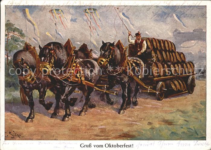 Oktoberfest Künstlerkarte Pferdewagen Bierfässer
