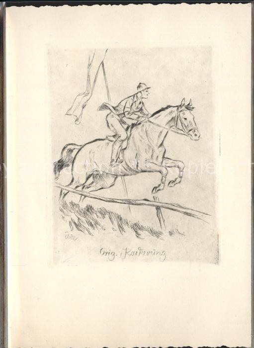 Pferdesport Pferderennen Reitsport Zeichnung Künstlerkarte Aufklappkarte