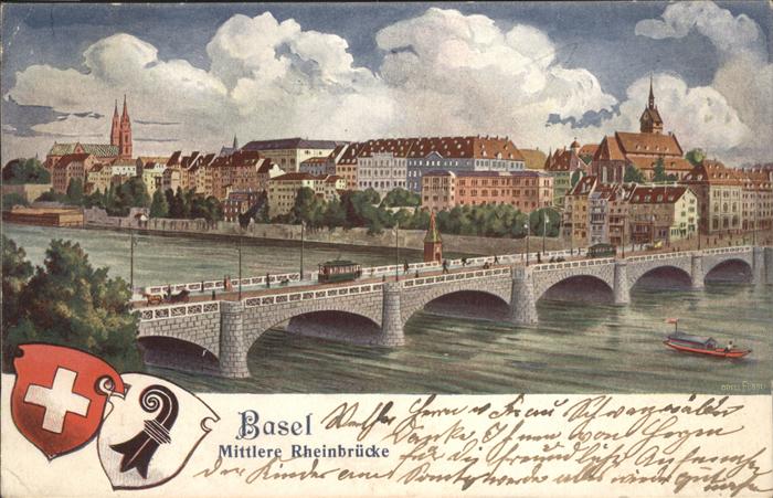 Basel BS Mittlere Rheinbruecke Schiff Strassenbahn