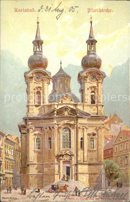 Karlsbad Eger Pfarrkirche Pferdekutsche Kuenstlerkart