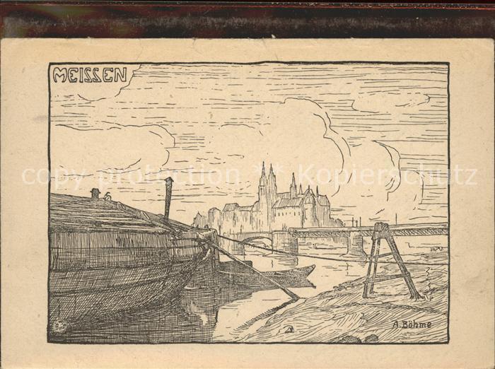 Meissen Elbe Sachsen Elbufer Bruecke Burgberg Dom Kuenstlerkarte Zeichnung A. Bo