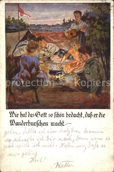 Kuenstlerkarte Wanderburschen Lagerfeuer