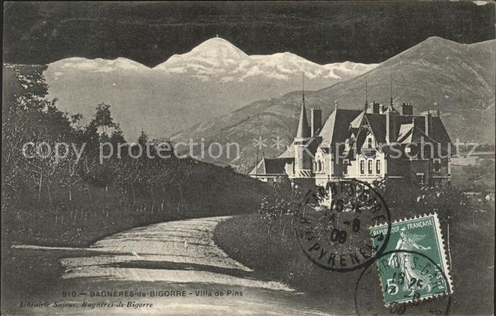 Bagneres-de-Bigorre Villa de Pins Pyrenees Stempel auf AK
