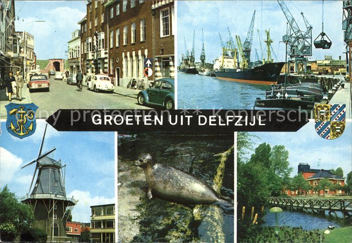 Delfzijl Strassenpartie Hafen Schiff Kran Windmuehle Seehund Wappen