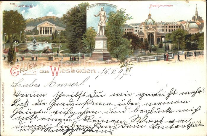 Wiesbaden Kaiser Wilhelm Denkmal Kochbrunnen Kurhaus Litho