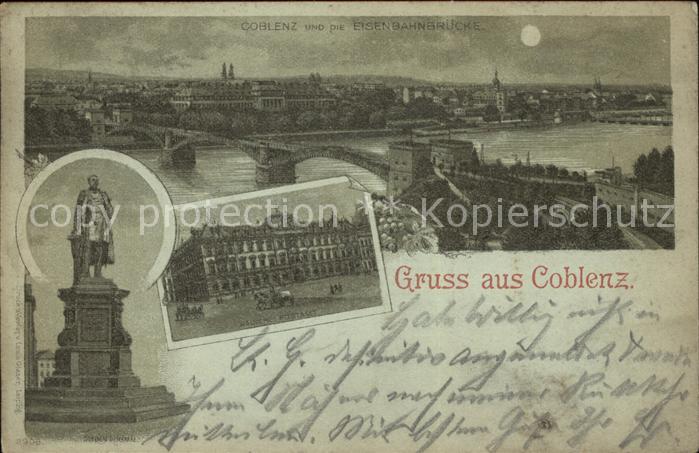 Koblenz Rhein Eisenbahnbruecke Goeben-Denkmal Mondscheinkarte Litho