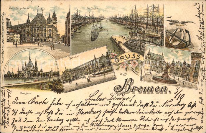 BREMEN  CITY Bahnhof Freihafen Gerichtsgebaeude Litho